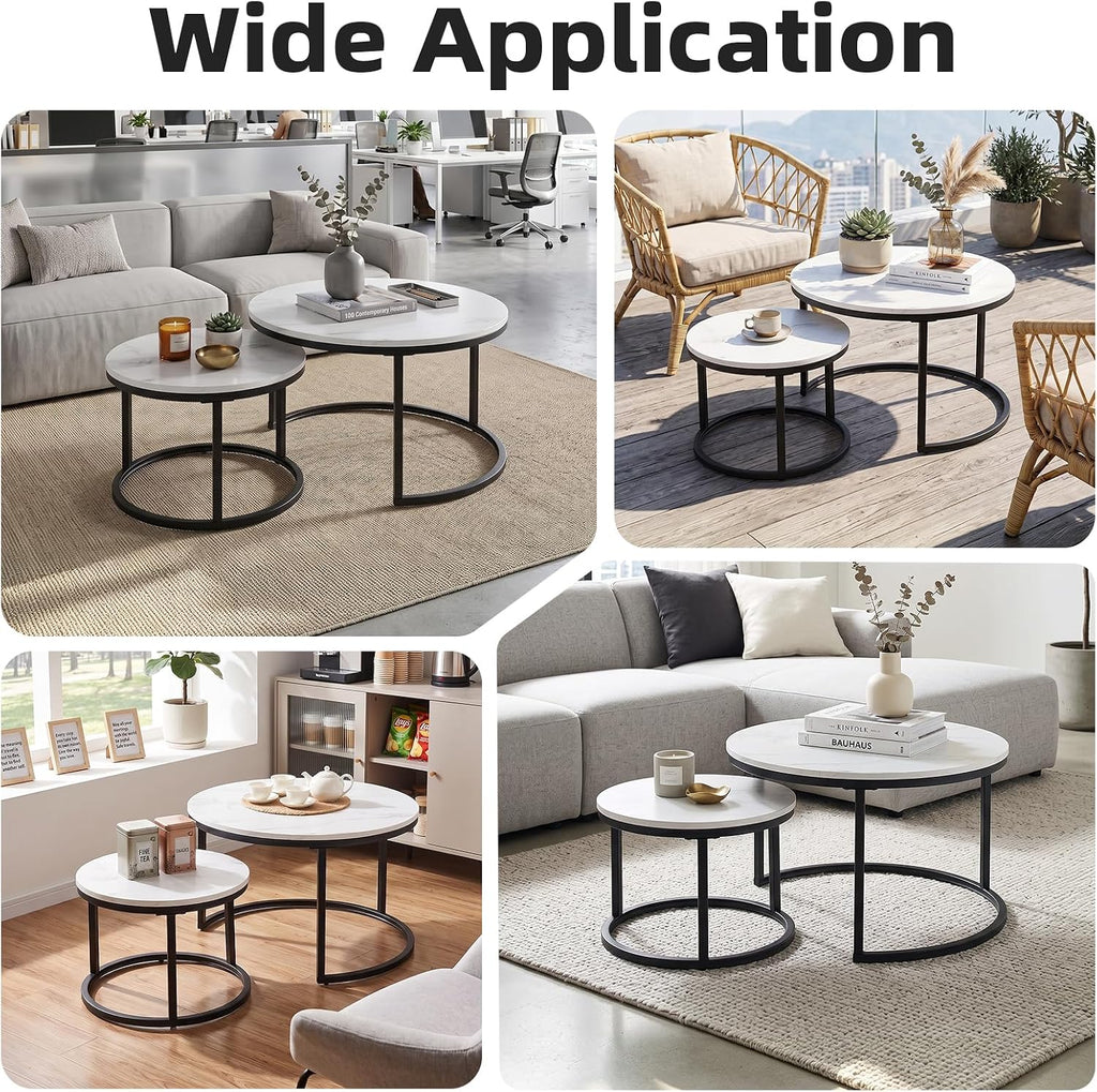 Nesting Coffee Table White Marble Pattern Wooden with Black Frame | 31.49" Round Coffee Tables for Living Room, Waiting Room, Apartment, Office, Balcony, Set of 2