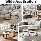 Nesting Coffee Table White Marble Pattern Wooden with Black Frame | 31.49" Round Coffee Tables for Living Room, Waiting Room, Apartment, Office, Balcony, Set of 2