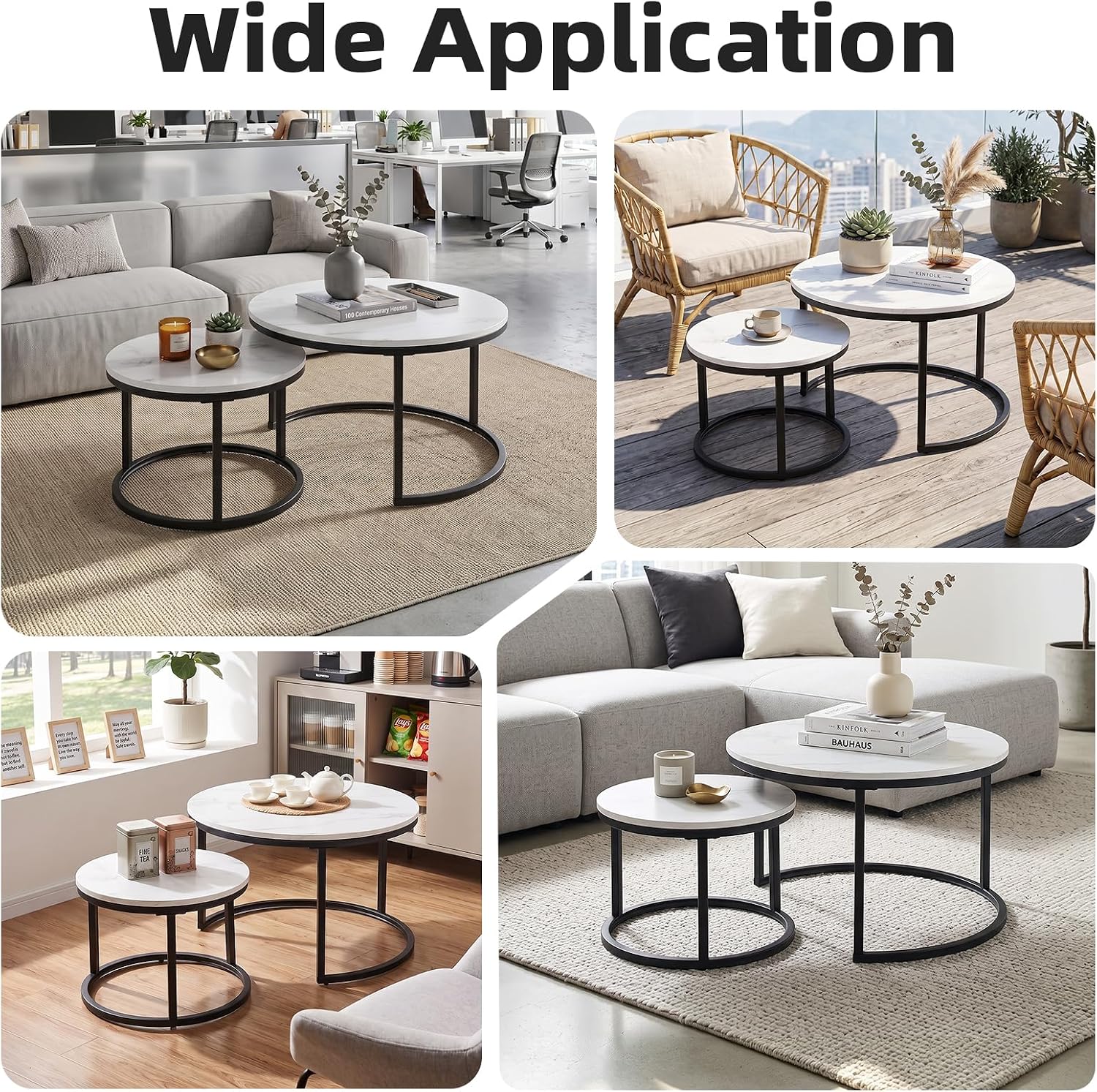 Nesting Coffee Table White Marble Pattern Wooden with Black Frame | 31.49" Round Coffee Tables for Living Room, Waiting Room, Apartment, Office, Balcony, Set of 2