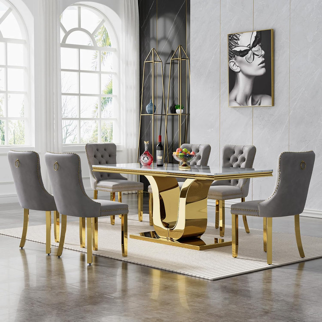 SSLine 68'' Marble Dining Table,Luxury Rectangular Kitchen Dining Room Table,Dining Table for 4-8 People with Gold U-Shape Stainless Steel Base for Kitchen Apartment