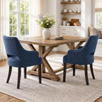 chairus Farmhouse Dining Chairs Set of 2 with Arms, Blue Linen Upholstered Dining Room Chairs, Curved Open Back Kitchen Accent Side Chairs, Blue