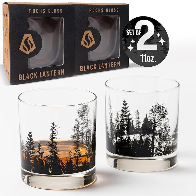 Black Lantern Whiskey Glass Set - Forest Landscape Old Fashioned Low-Ball Glasses - Drinking Glasses - Rock Glasses and Kitchen Glasses for Nature Lovers - Two Premium 11oz. Glasses