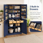 Kitchen Pantry Cabinet, 40.2" W x 20" D x 71.3" H Large Freestanding Pantry Storage Cabinet with 4 Doors, 2 Drawers, 8 Door Shelves, 2 Adjustable Shelves, Farmhouse Kitchen Cupboard (Blue)