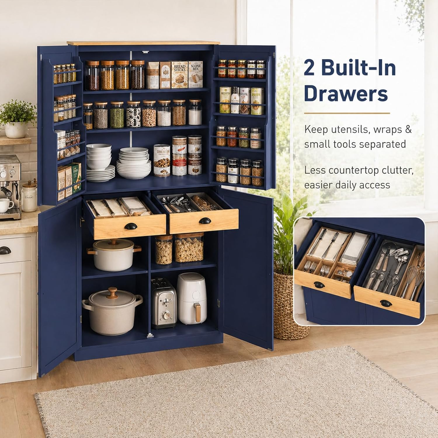 Kitchen Pantry Cabinet, 40.2" W x 20" D x 71.3" H Large Freestanding Pantry Storage Cabinet with 4 Doors, 2 Drawers, 8 Door Shelves, 2 Adjustable Shelves, Farmhouse Kitchen Cupboard (Blue)