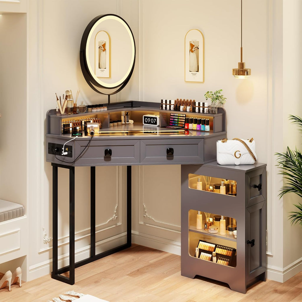 FREDEES Glass Top Makeup Vanity with Mirror and Lights | Corner Makeup Desk with Drawers and Shelves, Vanity Table with Charging Station and Stool for Bedroom/Cloakroom