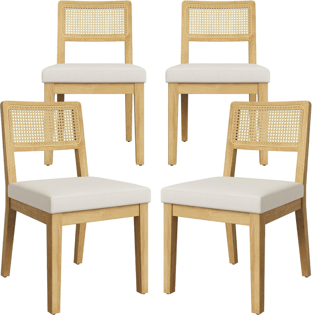 Garvee Rattan Dining Chairs Set of 4, French Country Upholstered Dining Chairs Wood Frame, Rattan Backrest, Armless Chair for Kitchen Restaurant Dining Room Bedroom, Linen, Natural