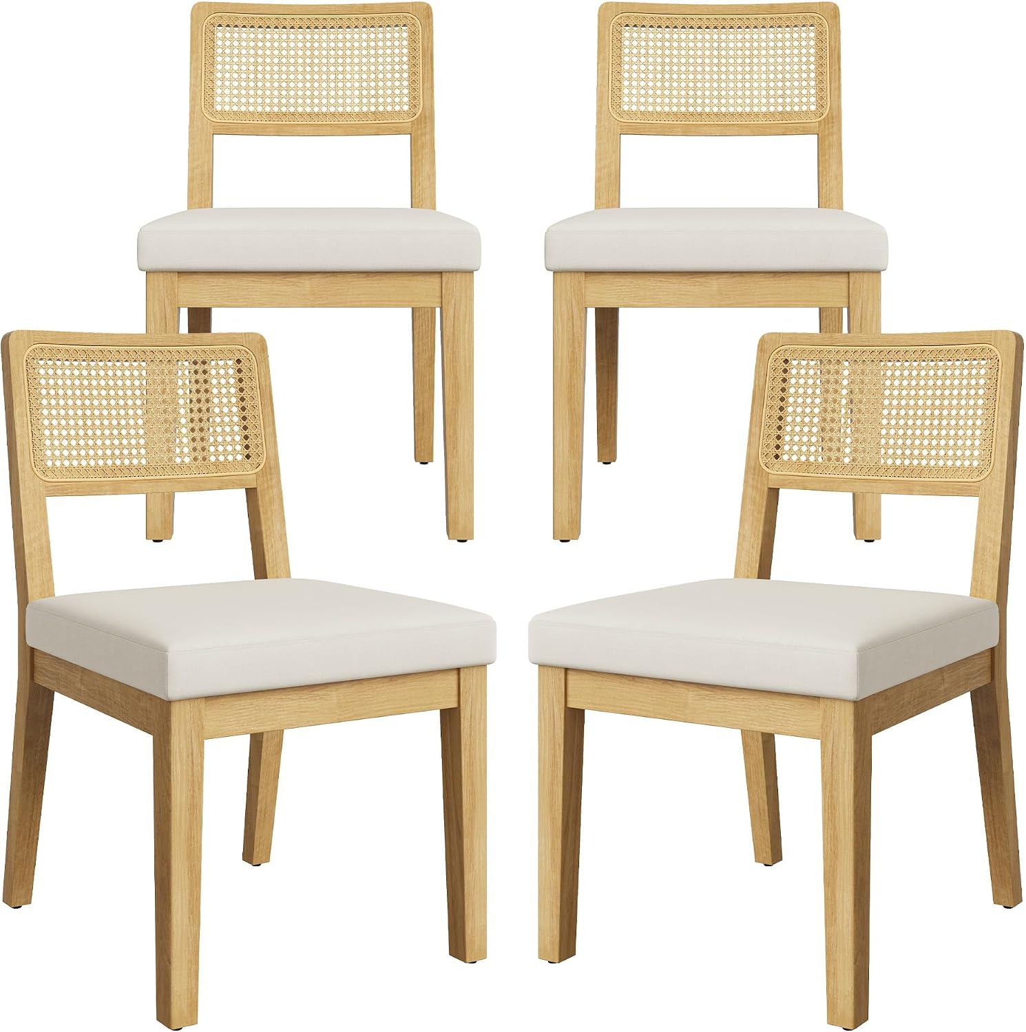 Garvee Rattan Dining Chairs Set of 4, French Country Upholstered Dining Chairs Wood Frame, Rattan Backrest, Armless Chair for Kitchen Restaurant Dining Room Bedroom, Linen, Natural
