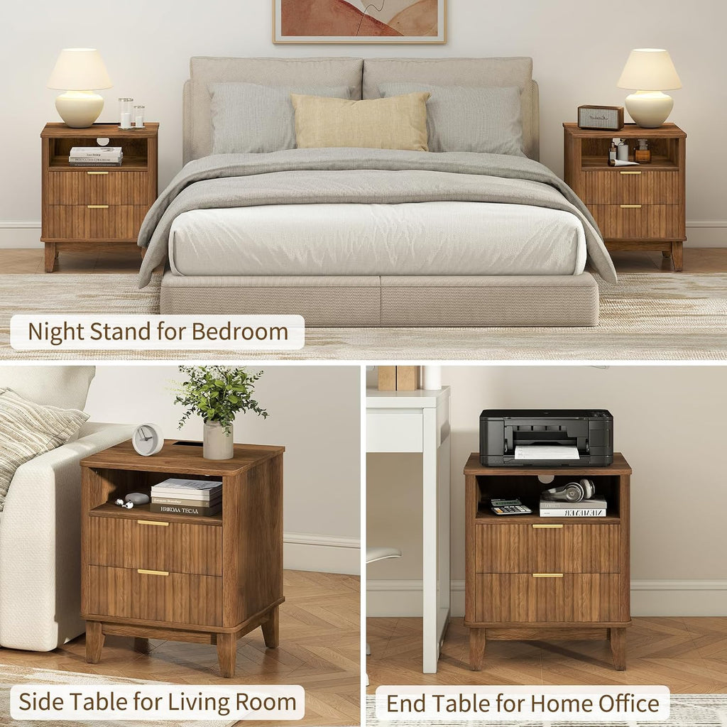 Night Stand Set of 2 with Charger Station, Fluted Nightstand with Drawers and Storage Shelf, Mid Century Modern Bedside Table Nightstands, Large Bed Side Table Wood Night Stands for Bedroom