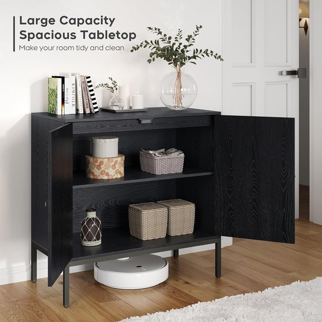 Brafab Black Sideboard Buffet Cabinet with Natural Rattan Decorated Doors, 31.5" W Rattan Credenza Storage Cabinet, Boho Cabinet for Living Room, Entryway, Dining Room/Square Doors