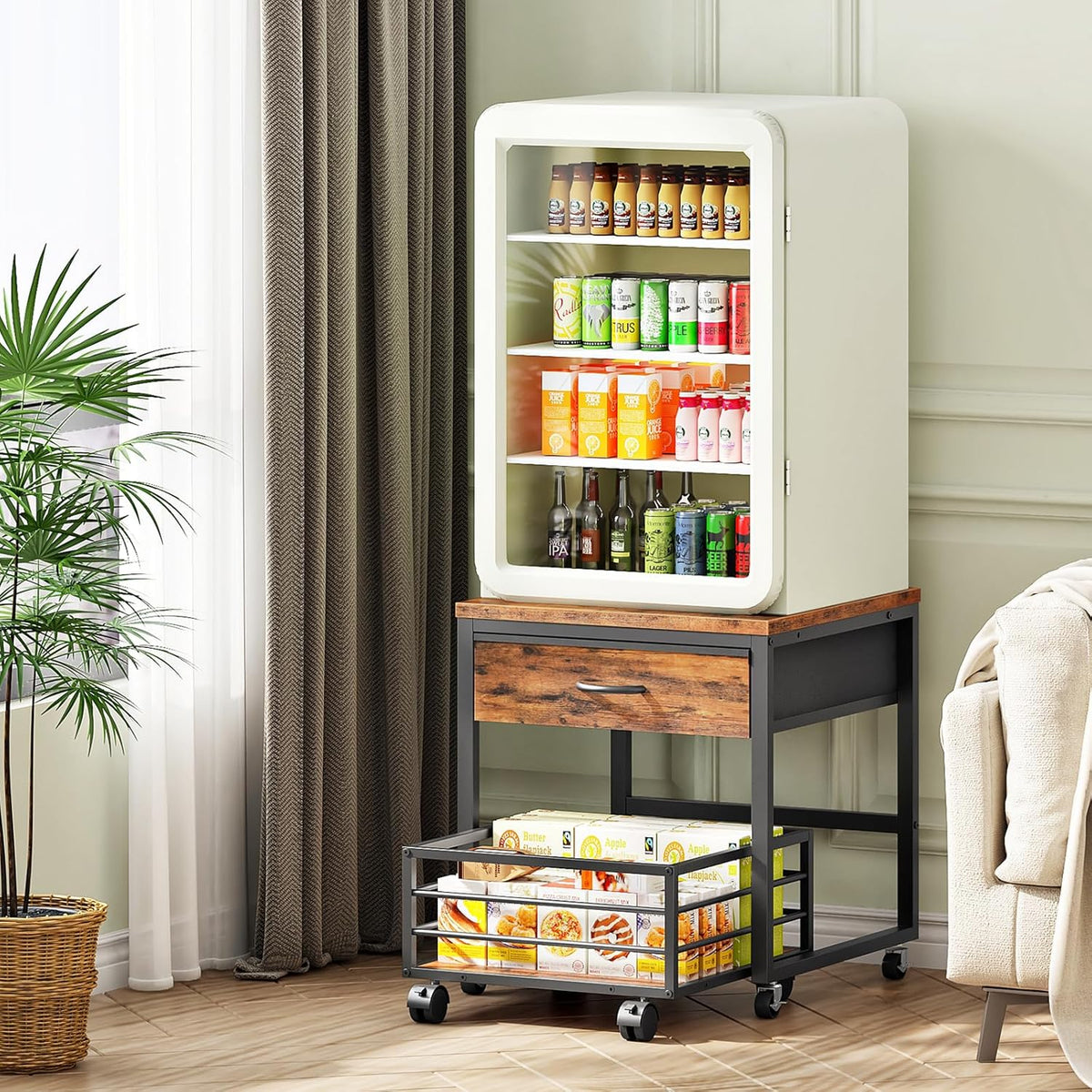 HOOBRO Mini Fridge Stand with Storage, 19.7 Inch End Table, Mini Fridge Cabinet with Mobile Basket Cart, for Living Room, Bedroom, Rustic Brown and Black BF655BX01