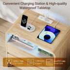 23"W 2 Drawer Nightstand with Charging Station and RGB LED Light | Curved Profile, Natural Oak, Handleless, Bedroom, FSC-Certified Wood, Modern, Open Shelf, Night Stand, End Table