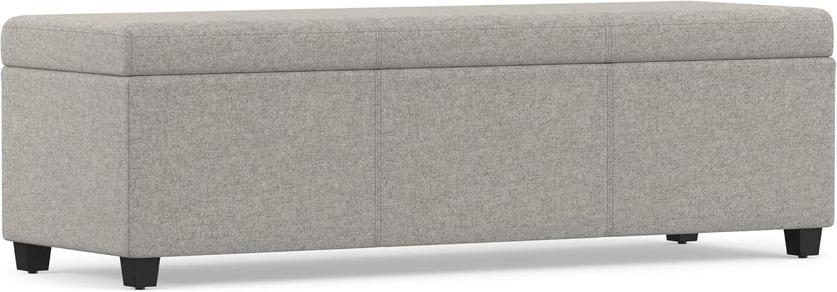 SIMPLIHOME Avalon 54" Wide Linen Look Fabric Storage Ottoman in Cloud Grey | Contemporary lift-top ottoman with high-density foam; rectangle storage bench or coffee table for living room or entryway.