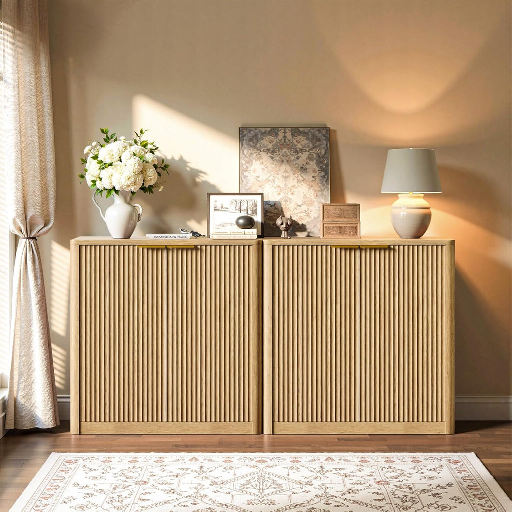 Evermagin 31.5" Oak Buffet Cabinet with Storage, Small Sideboard Cabinet, Boho Accent Credenza, Fluted Console Table with Doors for Dining Room, Kitchen, and Living Room