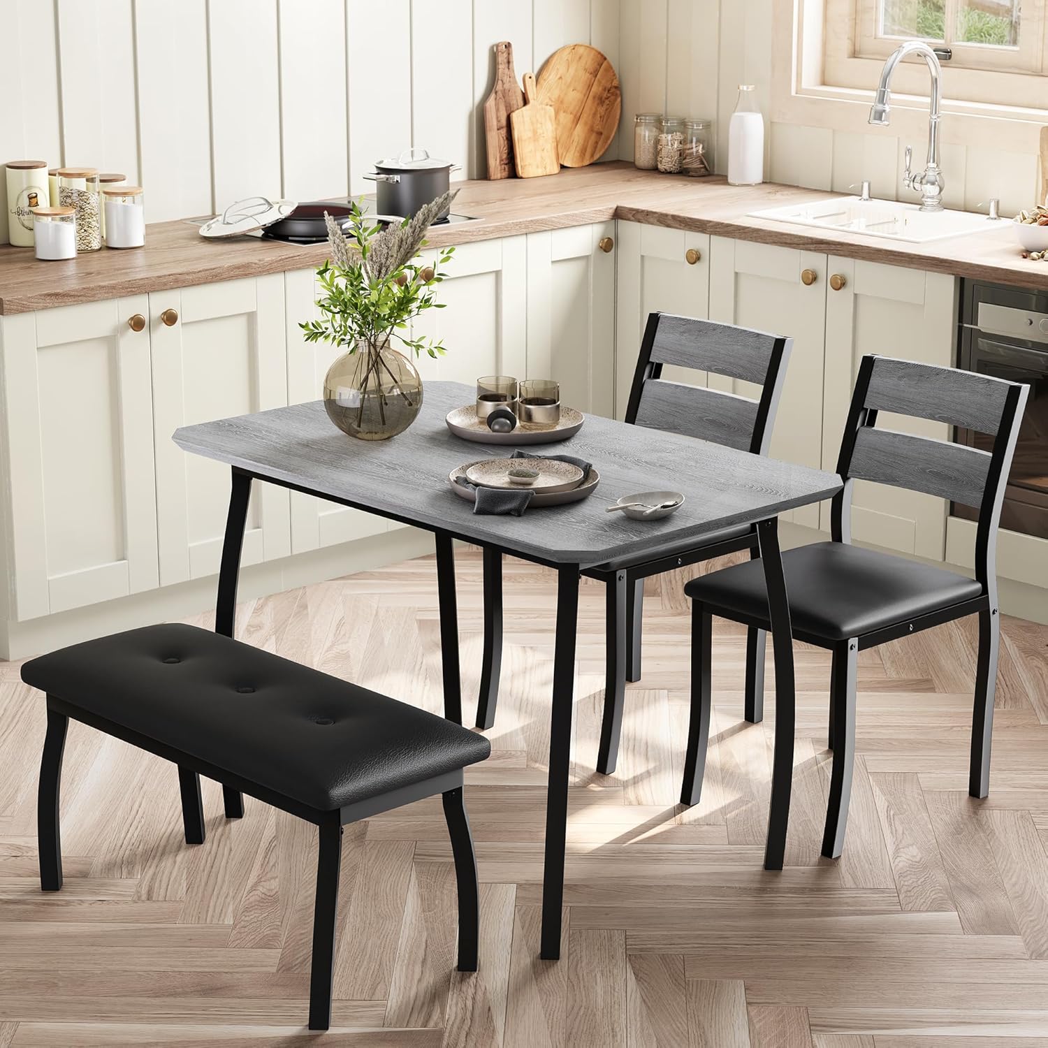 IDEALHOUSE 43'' Dining Table Set for 4, Wooden Kitchen Table with Upholstered Bench & 2 Cushion Chairs, Industrial Dinette Set for Studio, Kitchen, Dining Room, Apartment, Gray