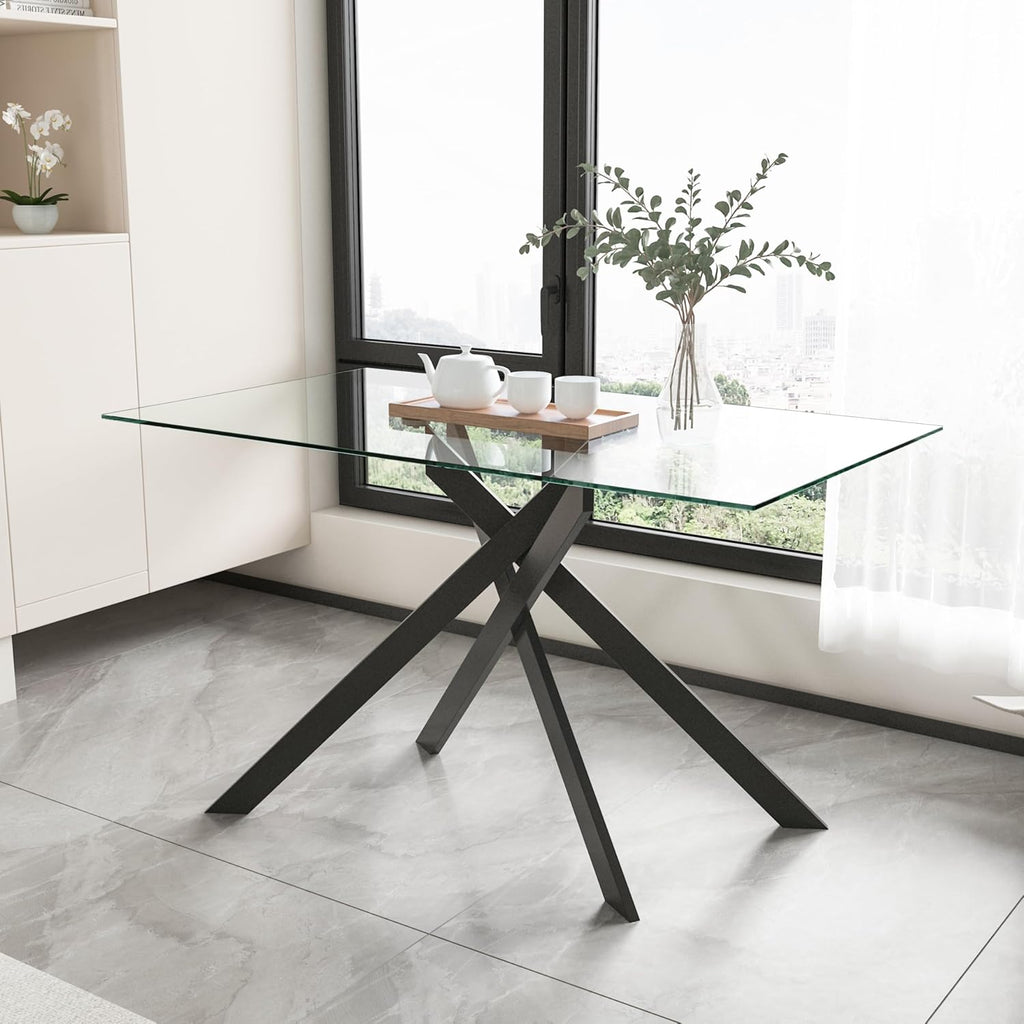 Modern Dining Table for 4-6 People, 51" Rectangle Dining Room Table with Black Chrome Metal X-Legs, Rectangular Tempered Glass Dining Table, Kitchen Dining Room Tables Luxury Dinner Table