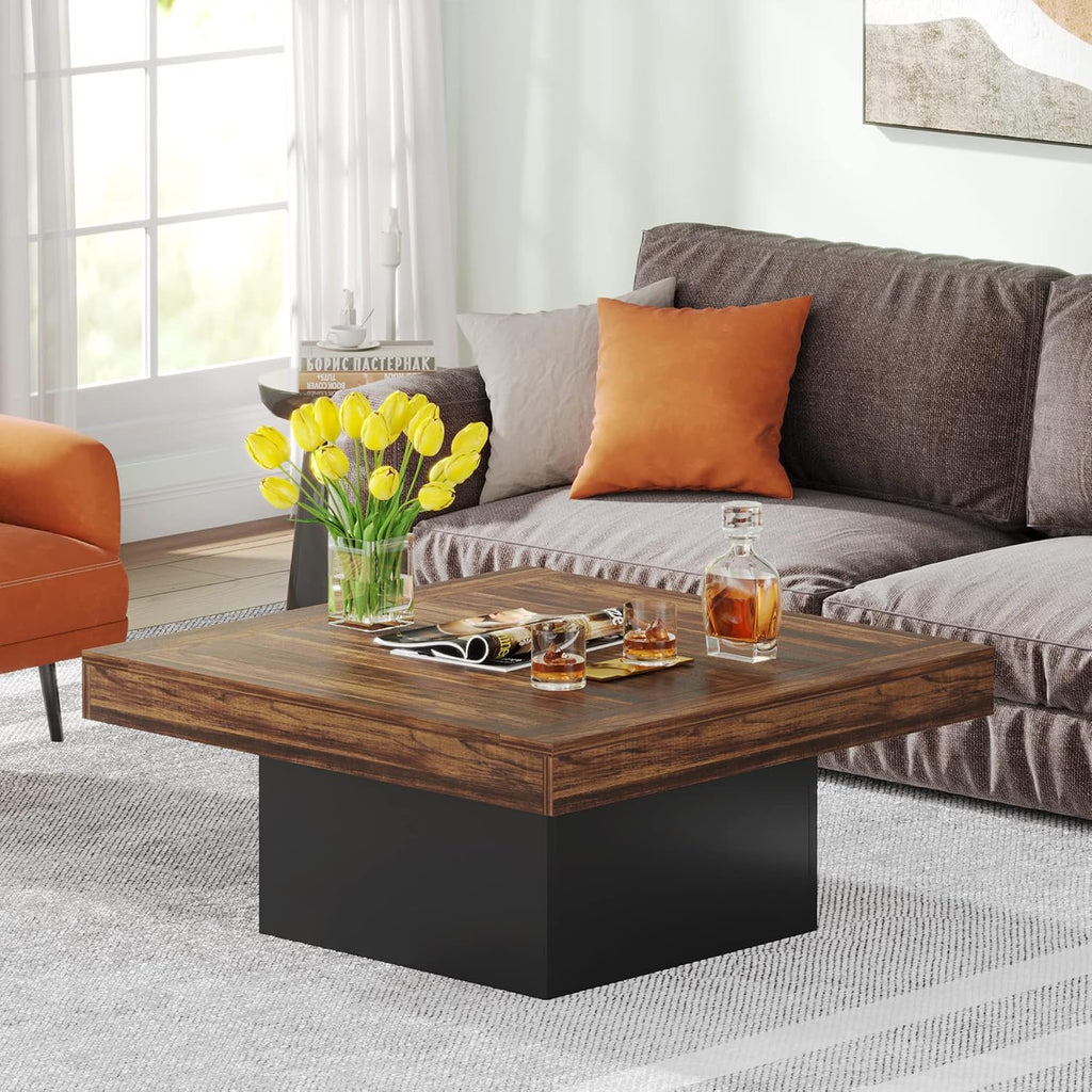 Tribesigns 35.4-Inch Square Coffee Table with LED Light, Modern Wood Coffee Table, Large Center Table for Living Room, Rustic Brown & Black