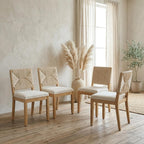 Dining Chairs Set of 4, Modern Farmhouse Dining Room Chairs with Rope Woven Square Back, Linen Upholstered Seat & Solid Wood Frame, Sillas de Comedor, Boho Kitchen & Dining Room Chairs (Beige, 4Pcs)