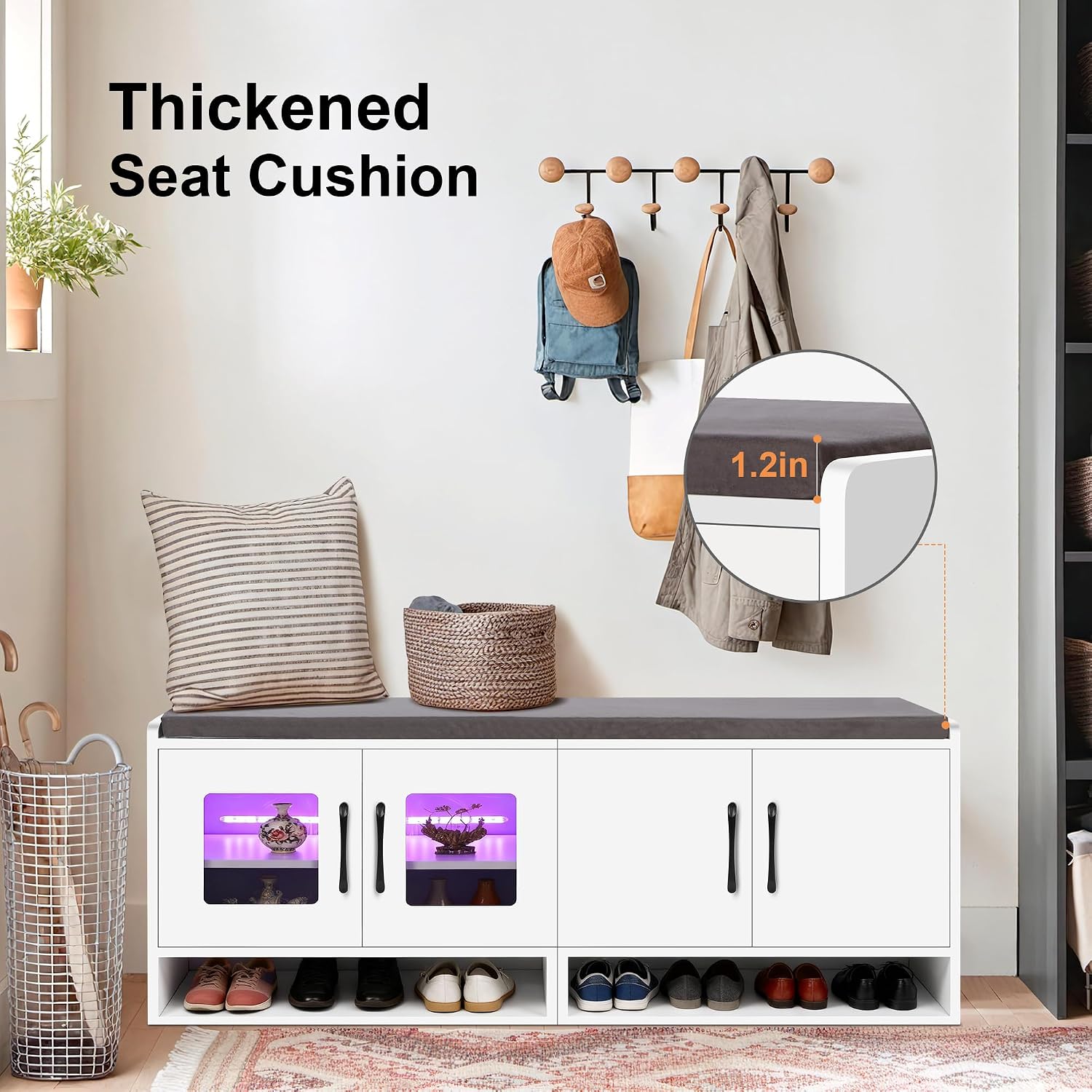 Shoe Bench with Thickened Cushion,Entrance Bench with Glass Door and Ambient Light,Three-Layer Shoe Rack,Color Changing Light Strip, Two Large Storage Spaces,Living Room,Bedroom,White
