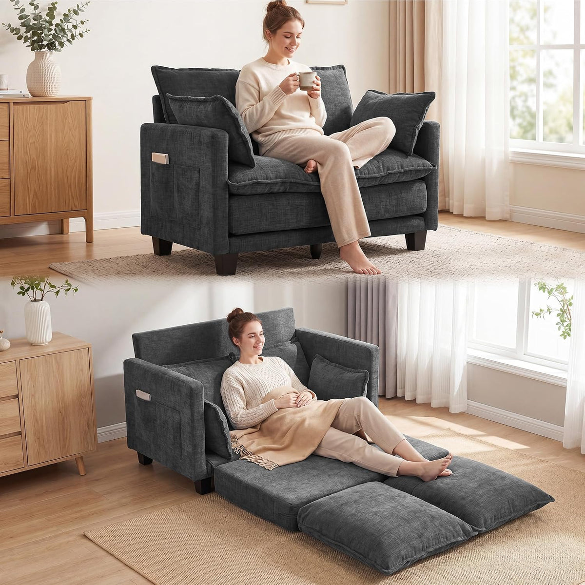 49" Loveseat Sofa Bed, 2 in 1 Convertible Small Sofa Pull Out Couch Bed Chenille Deep 2 Seat Sleeper Twin XL Futon Mattress for Small Spaces Living Room Bedroom Apartment Office, Grey