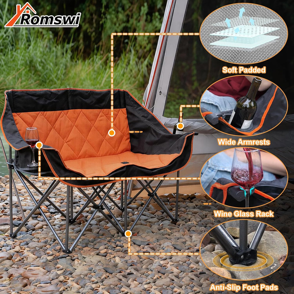 Romswi Double Camping Chair,2 Person Camping Chair Oversized Folding Loveseat,Heavy Duty Camping Couch & Outdoor Sofa with Cup Holders,Supports 750LBS Orange