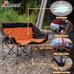 Romswi Double Camping Chair,2 Person Camping Chair Oversized Folding Loveseat,Heavy Duty Camping Couch & Outdoor Sofa with Cup Holders,Supports 750LBS Orange