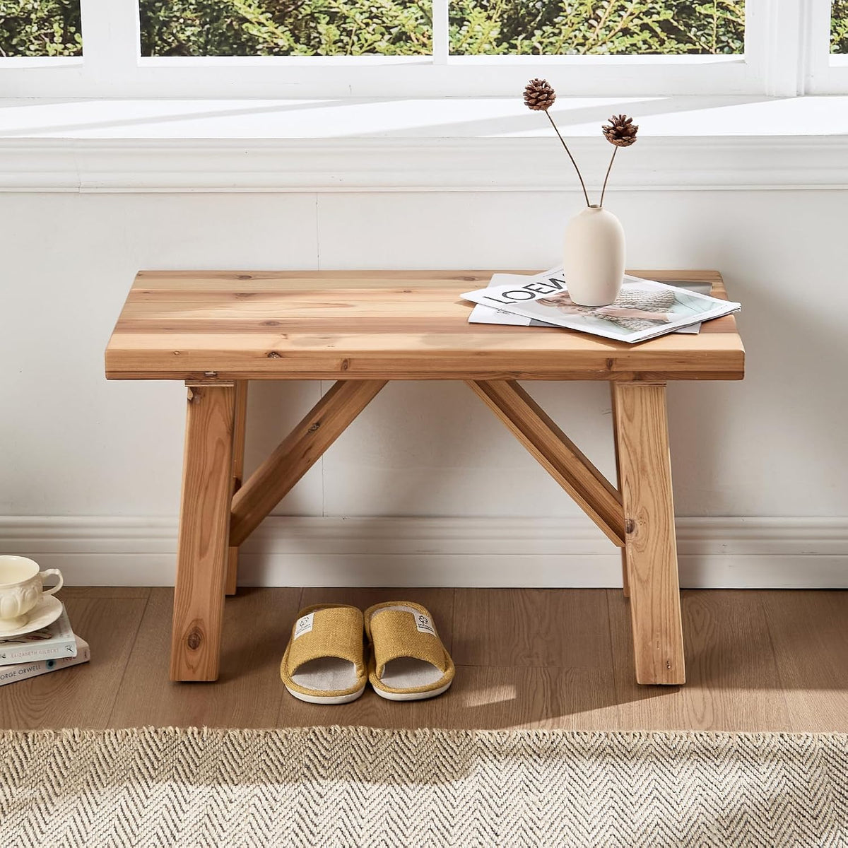 Solid Wood Entryway Bench, 30" Rustic Small Wooden Bench Narrow Farmhouse Wood Bench Seat Entry Way Bench Indoor for Living/Dining Room, Small Hallway Bench, Porch, Handcrafted, Natural