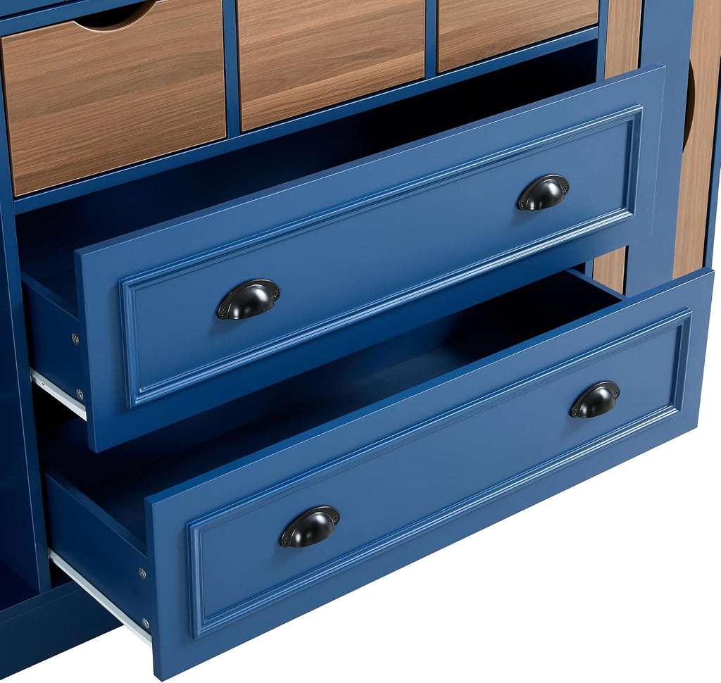 Virubi Farmhouse 71" Kitchen Pantry Cabinet with Power Outlet & USB Ports, 53.2" L Deep Storage, 4 Adjustable Shelves, 12 Wine Racks, 5 Drawers & Serving Trays, Foldable Doors, Anti-Tip Design (Blue)