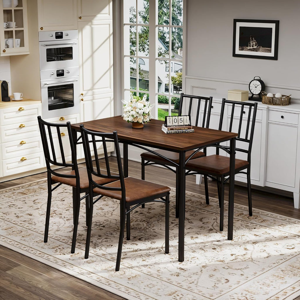Dining Table Set for 4, Industrial Kitchen Table Set with 4 Upholstered Chairs, Metal Table and Chairs Set for Kitchen, Dining Room, Living Room, Walnut