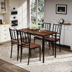 Dining Table Set for 4, Industrial Kitchen Table Set with 4 Upholstered Chairs, Metal Table and Chairs Set for Kitchen, Dining Room, Living Room, Walnut
