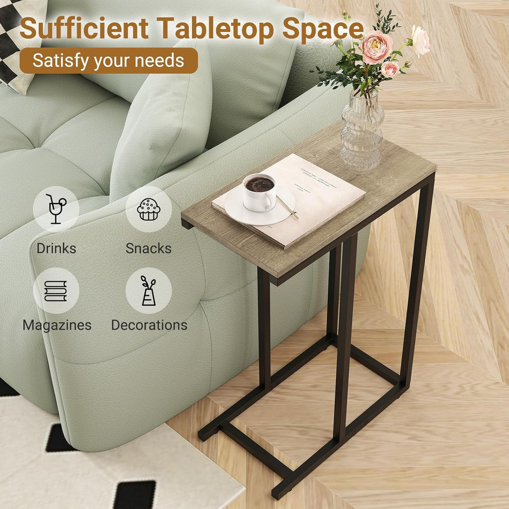 Tangkula C-Shaped End Table, Slide Under Couch TV Tray for Coffee Laptop Tablet, Industrial Sofa Side Table with Metal Frame for Living Room Bedroom (Grey Oak)