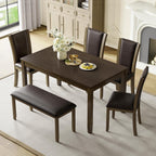 6-Piece Dining Table Set with Bench and Chairs - Solid Wood Kitchen Dining Room Table Set in Farmhouse Rustic Style, Table Set for 6 with 4 Chairs and Bench Seat.(Dark Walnut_Large)