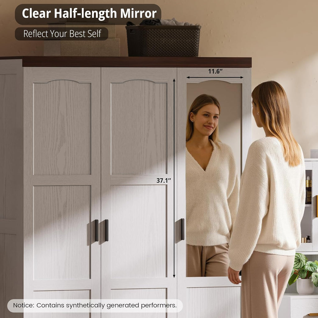 ANCTOR 3 Door Armoire Wardrobe Closet with Mirror, Large Wardrobe Closet with Doors, White Armoire for Bedroom with Hanging Rods & Shelves for Long Clothing, Short Clothing and Stacking, Modern