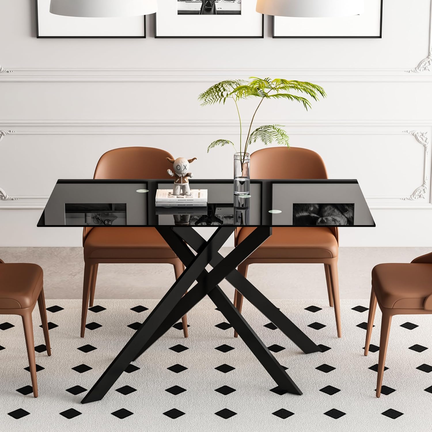 51.2" Glass Dining Table for 2-4 People, Modern Kitchen Table with Black Chromed Legs, Rectangular Dinner Table for Small Space, Apartment, Office, All Black