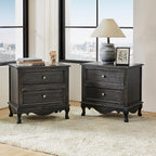 HULALA HOME Solid Wood End Tables Set of 2 with Charging Station Space, Vintage Endtables with Wood Legs and 2 Drawers, French Side Tables for Living Room, Charcoal