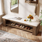 63" Solid Wood Entryway Bench, Farmhouse Upholstered End of Bed Bench with Removable Faux Lambswool Cushion and Fluted Legs, Indoor Long Ottoman for Bedroom, Entryway, Dark Brown