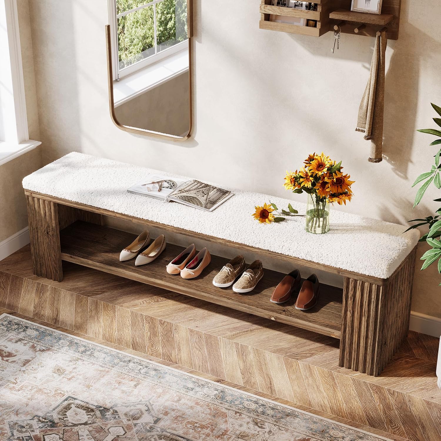 63" Solid Wood Entryway Bench, Farmhouse Upholstered End of Bed Bench with Removable Faux Lambswool Cushion and Fluted Legs, Indoor Long Ottoman for Bedroom, Entryway, Dark Brown