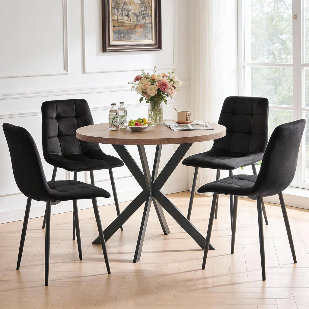 5-Piece Round Dining Table Set - Kitchen Table Chairs Set of 4 with Black Velvet Upholstered Chairs -Dining Table Set for 4