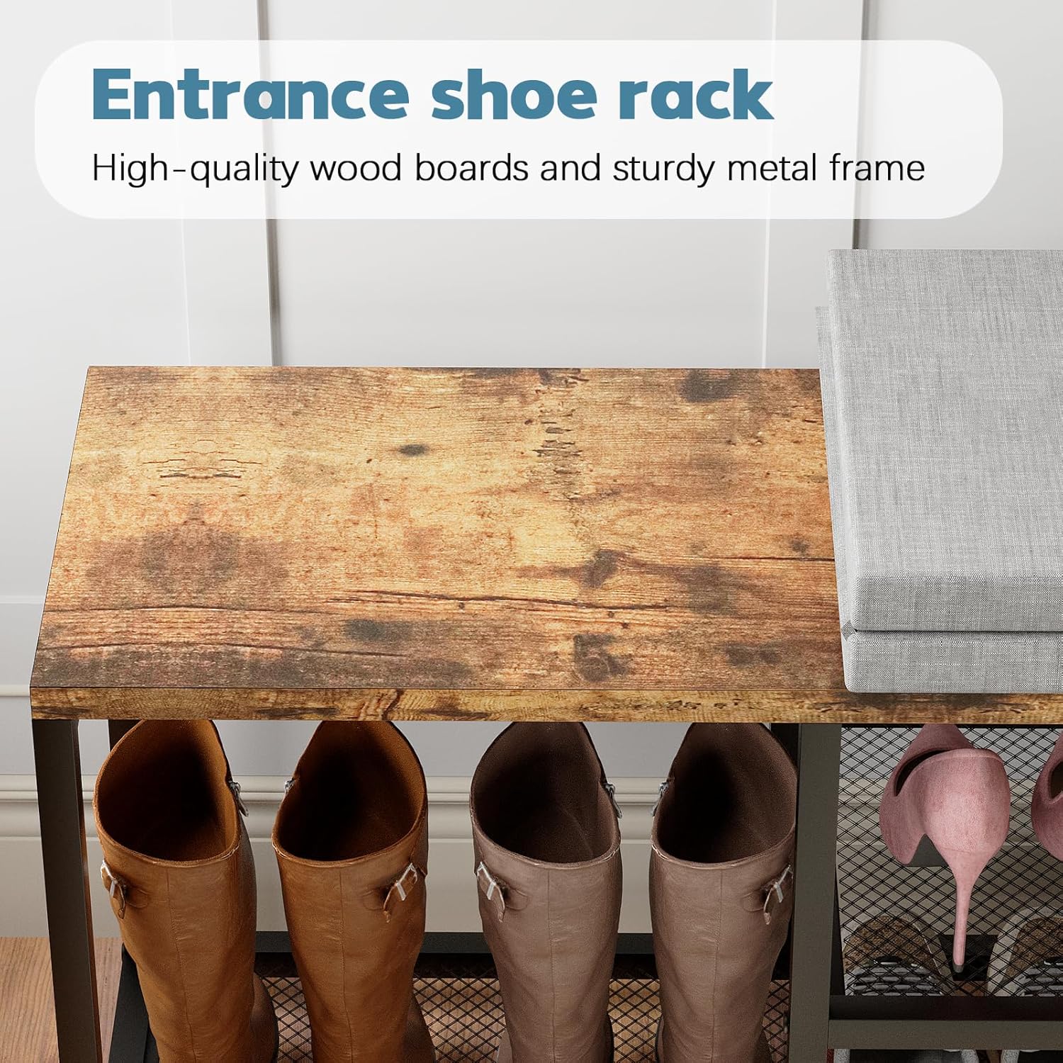 Shoe Rack for Entryway, Freestanding Hidden Shoe Storage Organizer, Boot Shoe Bench Shelves for High Heels with Seat cushion, Narrow Wood Shoe Rack for Entrance Closet, Hallway, 3 Tier (Gray+Black)