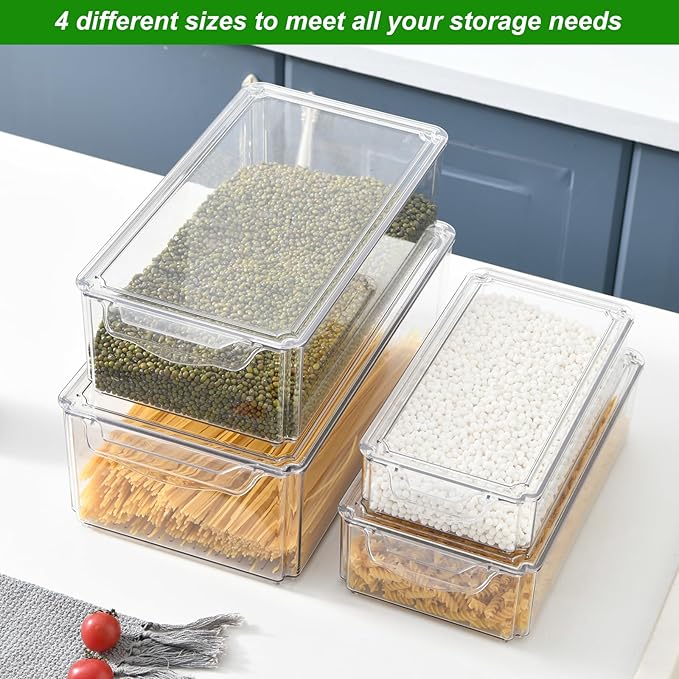 Taiuloo Set of 4 Fridge Organizer, Stackable Refrigerator Organizer Bins with Lids, Kitchen Pantry Cabinet Organization, BPA-Free Clear Food Storage Containers for Fruit, Vegetable, Cereal, Produce