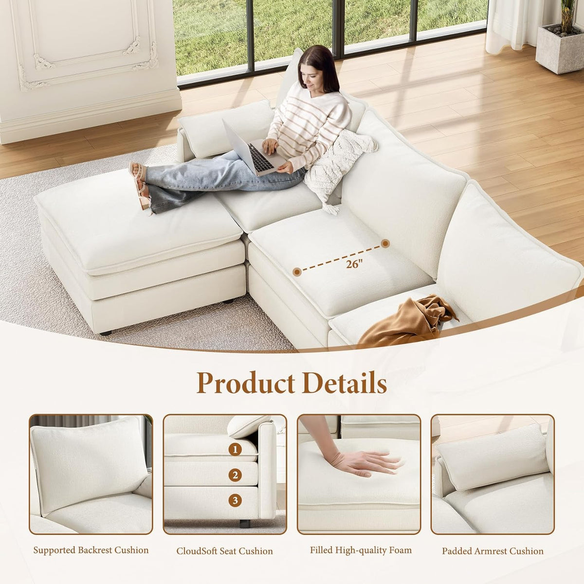 Vesgantti 108" Modular Sectional Sofa, Comfy Cloud Couch with Movable Ottoman Deep Seat Chenille L Shaped Modular Sofa, Sectional Couches for Living Room, Bedroom and Apartment, Snow White