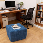 Round Plush Ottoman Pouf Stuffed– Fluffy Ottoman Foot Rest with Modern Foam Filler 20" x 14" Cozy Floor Pouf for Living Room & Bedroom (Navy Blue)