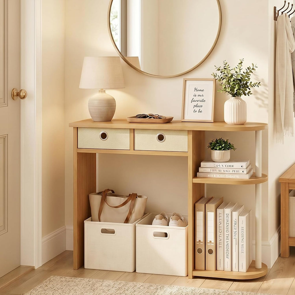 Furinno Jaya 32-Inch Oak Entryway Table with 2 Fabric Drawers, Console Table with Open Shelves, Behind Sofa Couch Tables, for Living Room, Entryway, Hallway, Beech