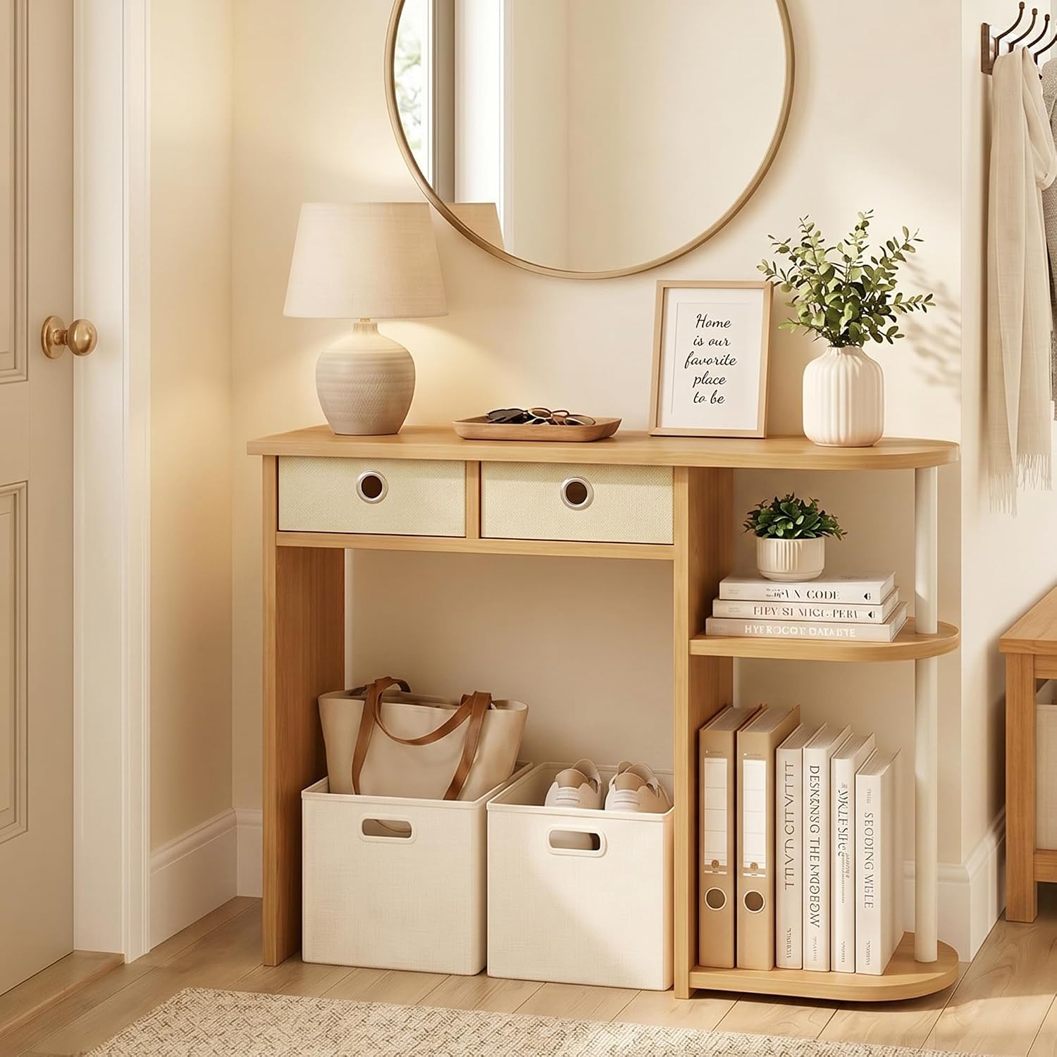 Furinno Jaya 32-Inch Oak Entryway Table with 2 Fabric Drawers, Console Table with Open Shelves, Behind Sofa Couch Tables, for Living Room, Entryway, Hallway, Beech