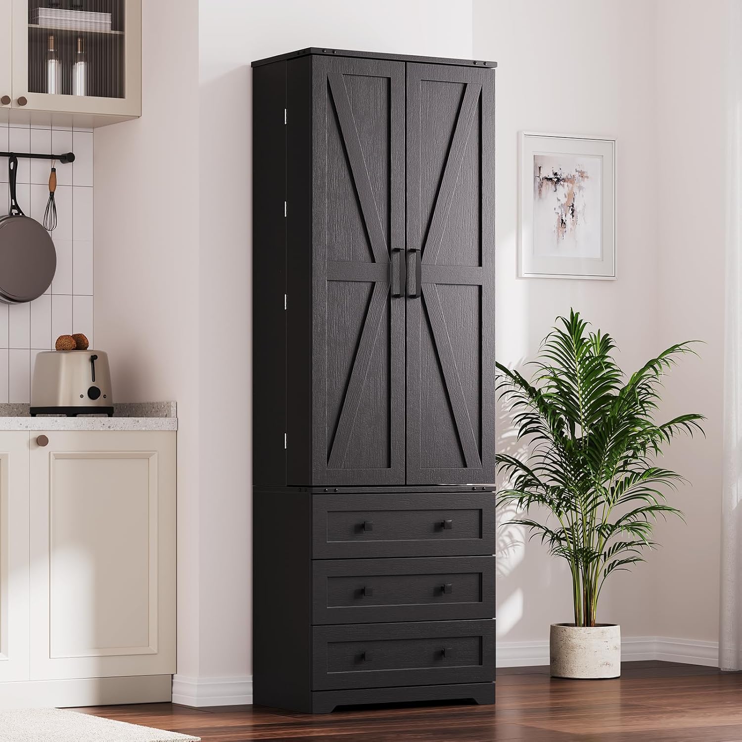 72" Farmhouse Pantry Cabinet, Large Wood Kitchen Storage Cabinet with 2 Sliding Barn Doors & 3 Drawers, Adjustable Shelves, Particle Board for Dining Room, Bathroom, Living Room (Black)