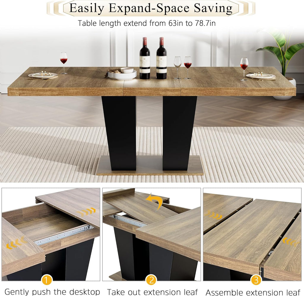 Extendable Dining Table Set for 6-8, 63"-78.7" Farmhosue Kitchen Table Set with 6 Upholstered Chairs, 7-Piece Rectangle Dining Room Table Set with Heavy Duty Pedestal for Small Place Apartment