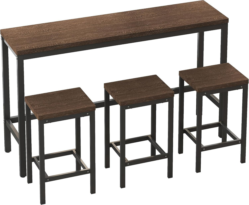 Bar Table and Chairs Set, 60.24” Long Pub Table with 3 Stools, High Top Desk Kitchen Dining Desk, 4-Piece Breakfast Table Set for Living Room Apartment Small Space (Dark Brown)
