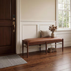 53" Faux Leather Entryway Bench with Cushion, Rustic Brown Dinner Bench for Dining Room, Upholstered End of Bed Bench Ottoman for Bedroom, Living Room with Walnut Base, Brown