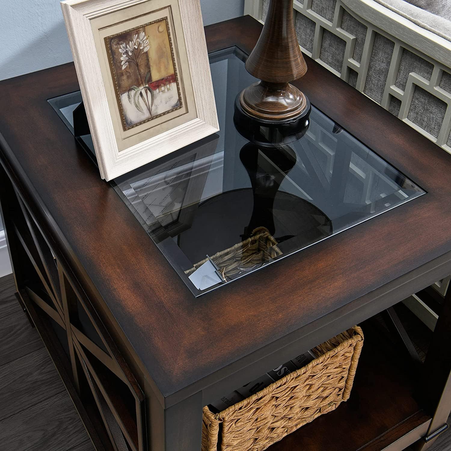 Set of 2 Solid Wood End Tables with Tempered Glass Top, 28" x 24" Large Farmhouse Side Table for Living Room, Bedroom & Office, Vintage Walnut