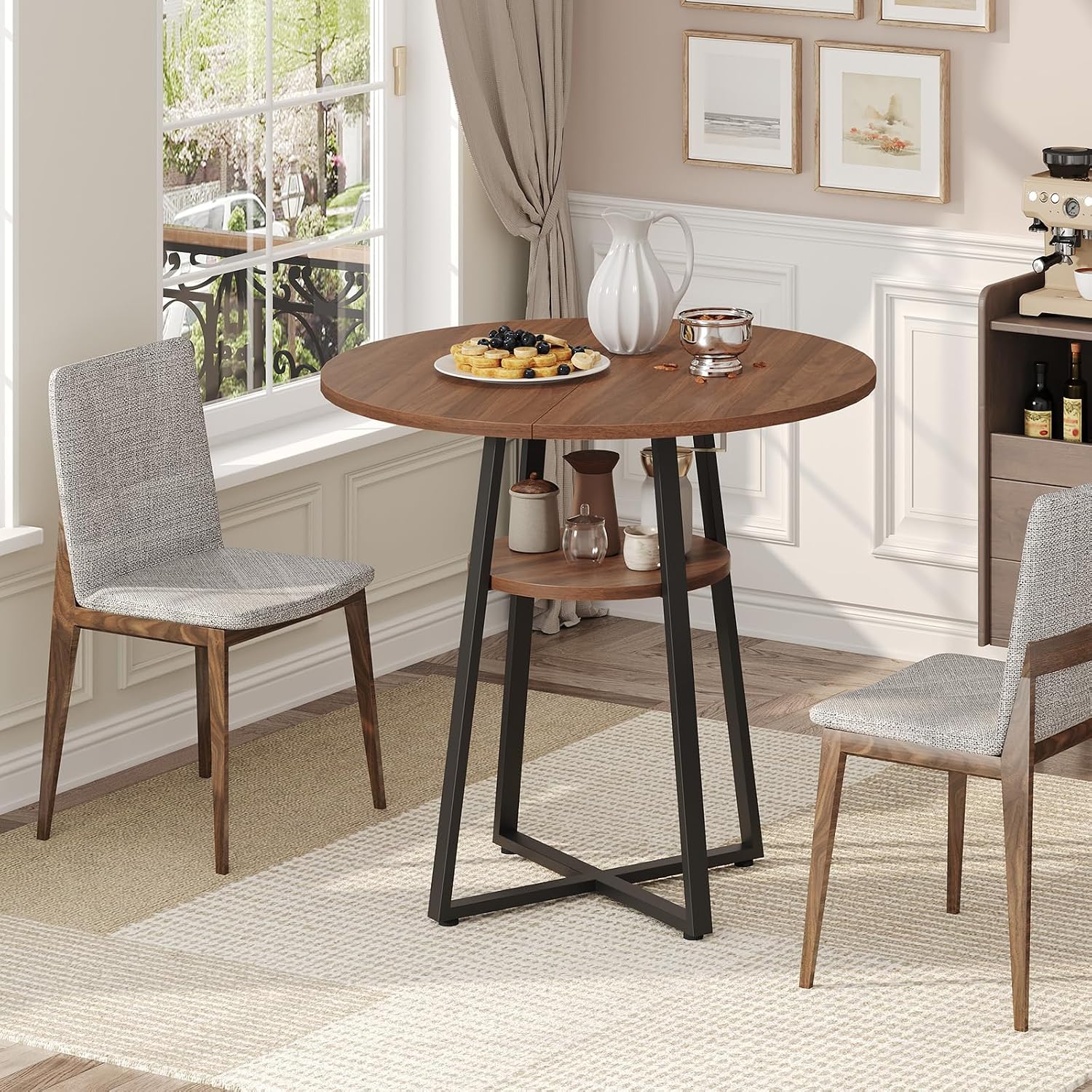 MAHANCRIS 31.5" Round Dining Table for 2-4, Farmhouse Kitchen Table with Storage Shelf, Small Circle Dining Table Space Saving, for Dining Room, Kitchen, Living Room, Walnut and Black DTHZ8201