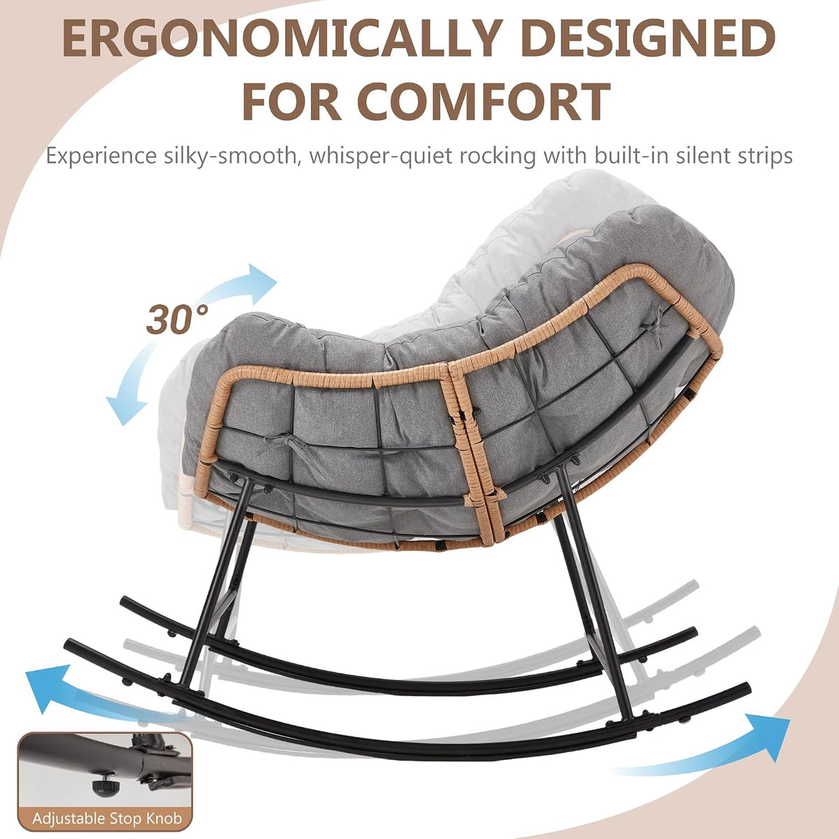 Outdoor Rocking Chair with Thick Cushion, Comfy Rattan Rocker Egg Chair Indoor with Straps, Patio Rocking Chair 450lbs for Garden, Balcony, Lawn, Backyard, Living Room, Bedroom